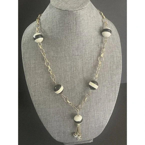 MCM VINTAGE ART DECO BLACK WHITE STRIPED BEAD RETRO TASSEL NECKLACE 36” - Picture 2 of 9